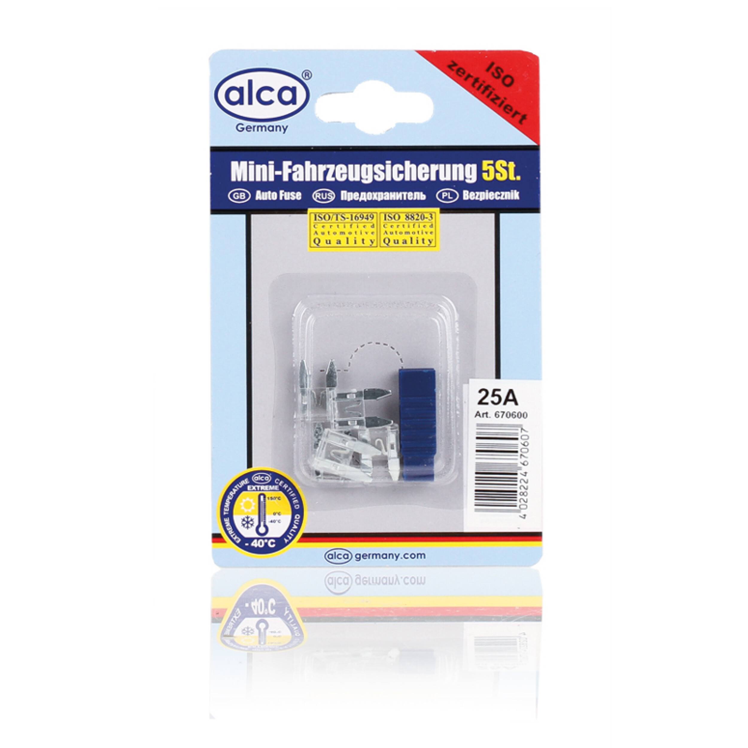 alca® Mini-Sicherungen 25A 5St. Blister 32 V transparent Mini Flachsicherung Stecksicherung für Fahrzeuge Auto Motorrad