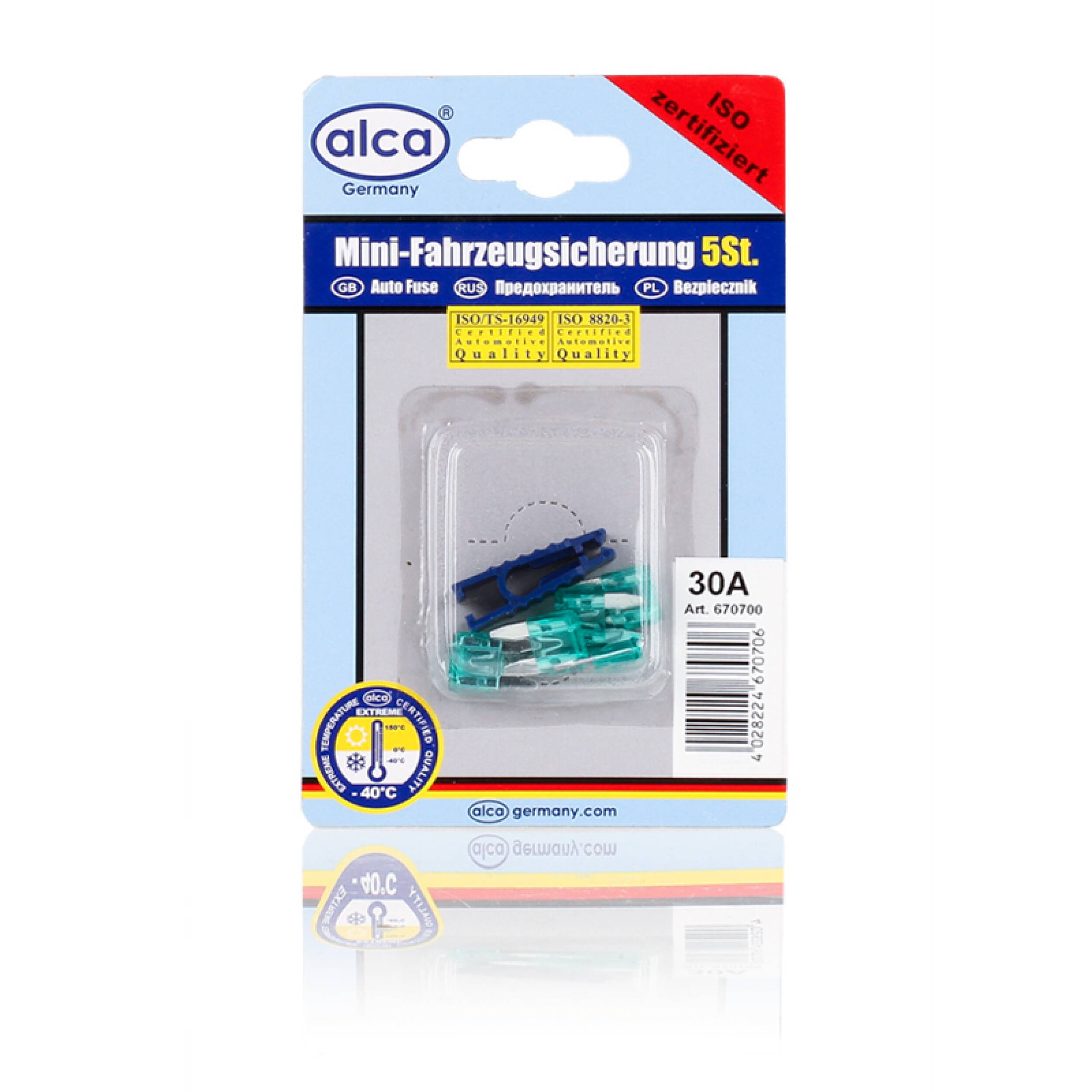 alca® Mini-Sicherungen 30A 5St. Blister 32 V grün Mini Flachsicherung Stecksicherung für Fahrzeuge Auto Motorrad
