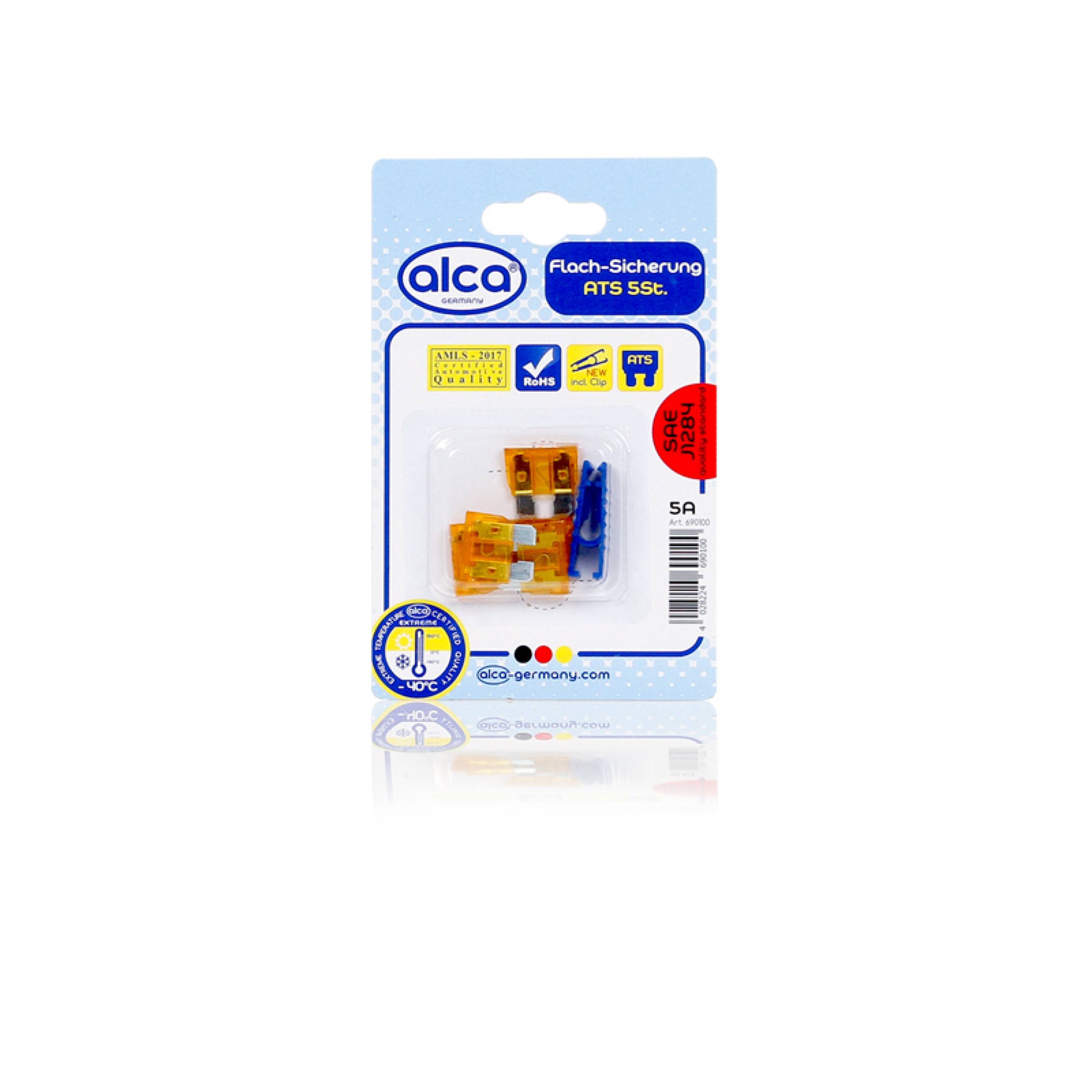 alca® Flach-Sicherungen 5A; 5St. Blister orangene Auto Flachsicherungen Schmelzsicherung für Caravan Traktor Bus