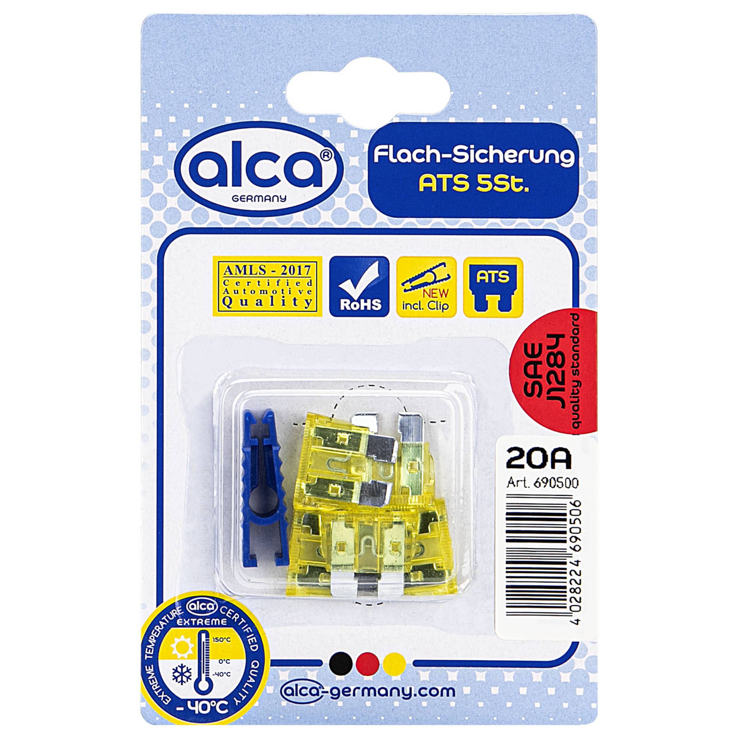 alca® Flach-Sicherungen 20A; 5St. Blister gelbe Auto Flachsicherungen Schmelzsicherung für Caravan Traktor Bus Motorrad