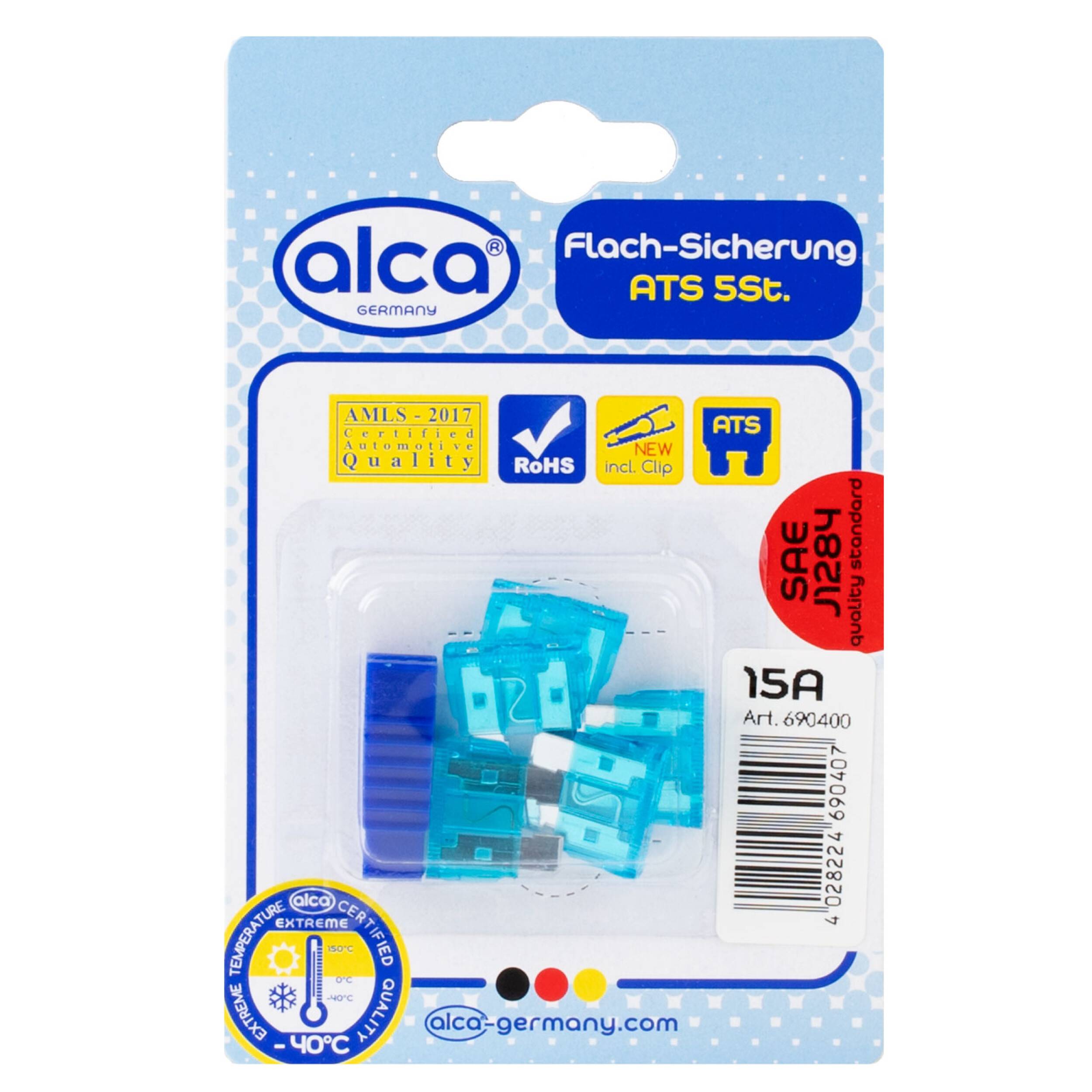 alca® Flach-Sicherungen 15A; 5St. Blister blaue Auto Flachsicherungen Schmelzsicherung für Caravan Traktor Bus Motorrad