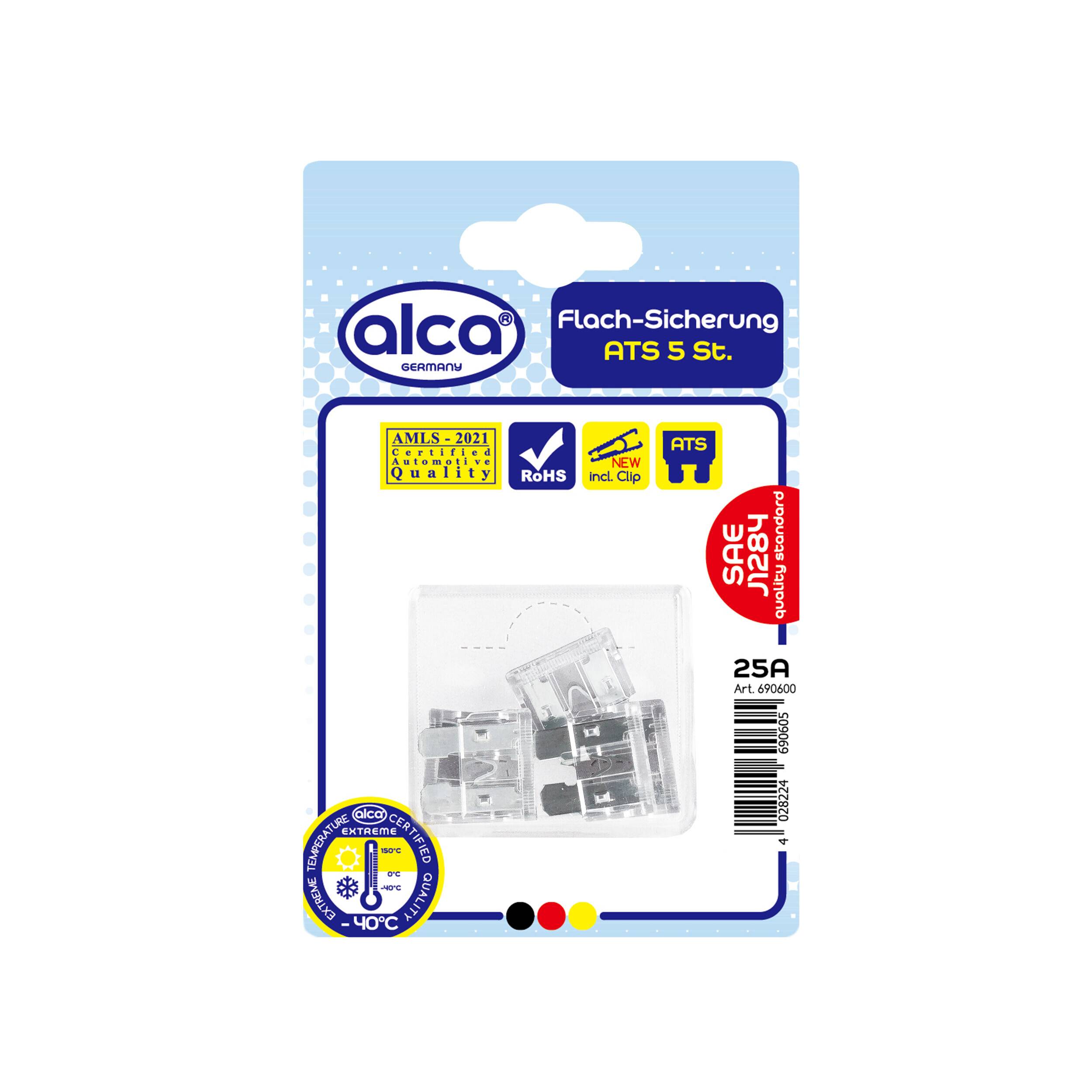 alca® Flach-Sicherungen 25A; 5St. Blister transparente Auto Flachsicherungen Schmelzsicherung für Caravan Traktor Bus