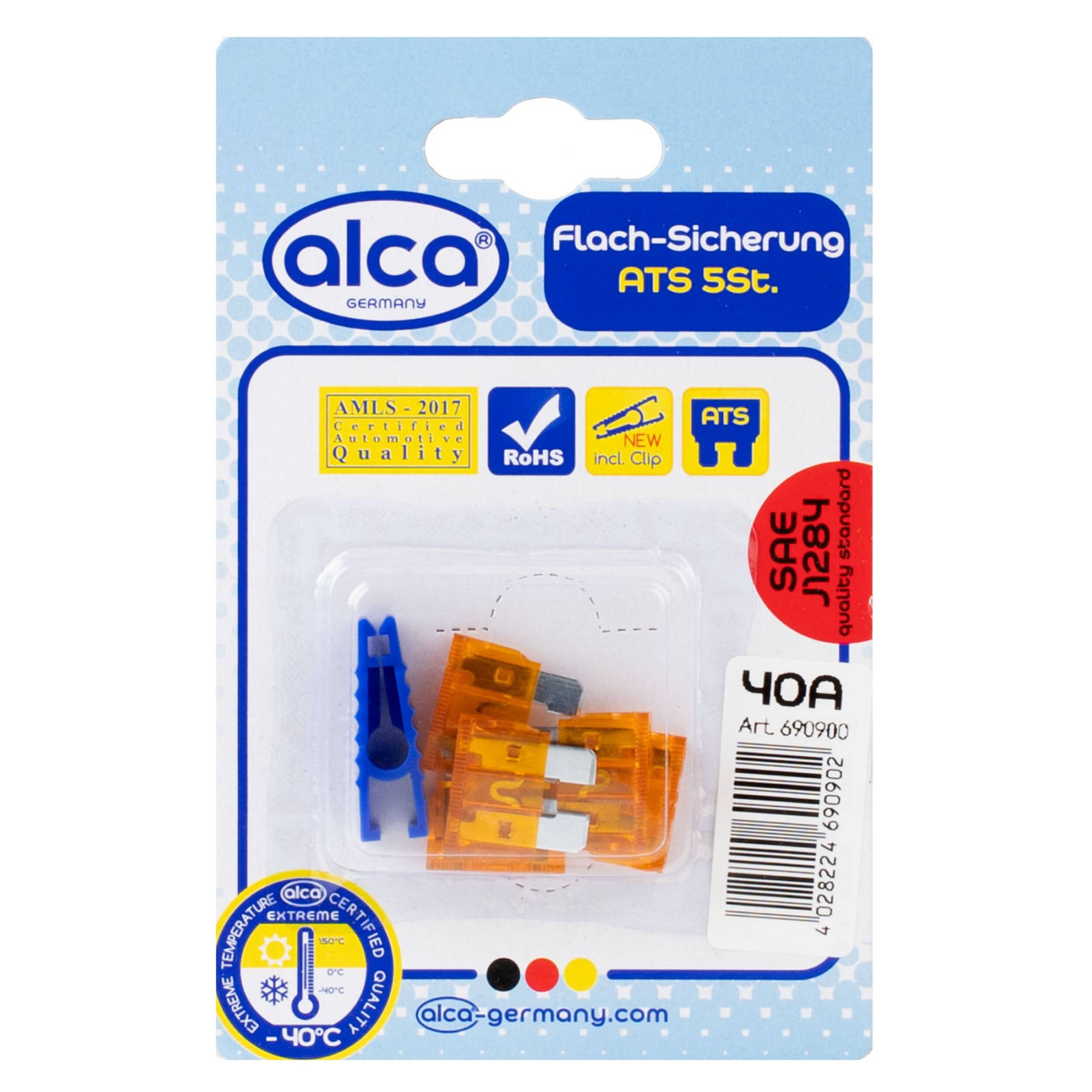 alca® Flach-Sicherungen 40A; 5St. Blister orangene Auto Flachsicherungen Schmelzsicherung für Caravan Traktor Bus
