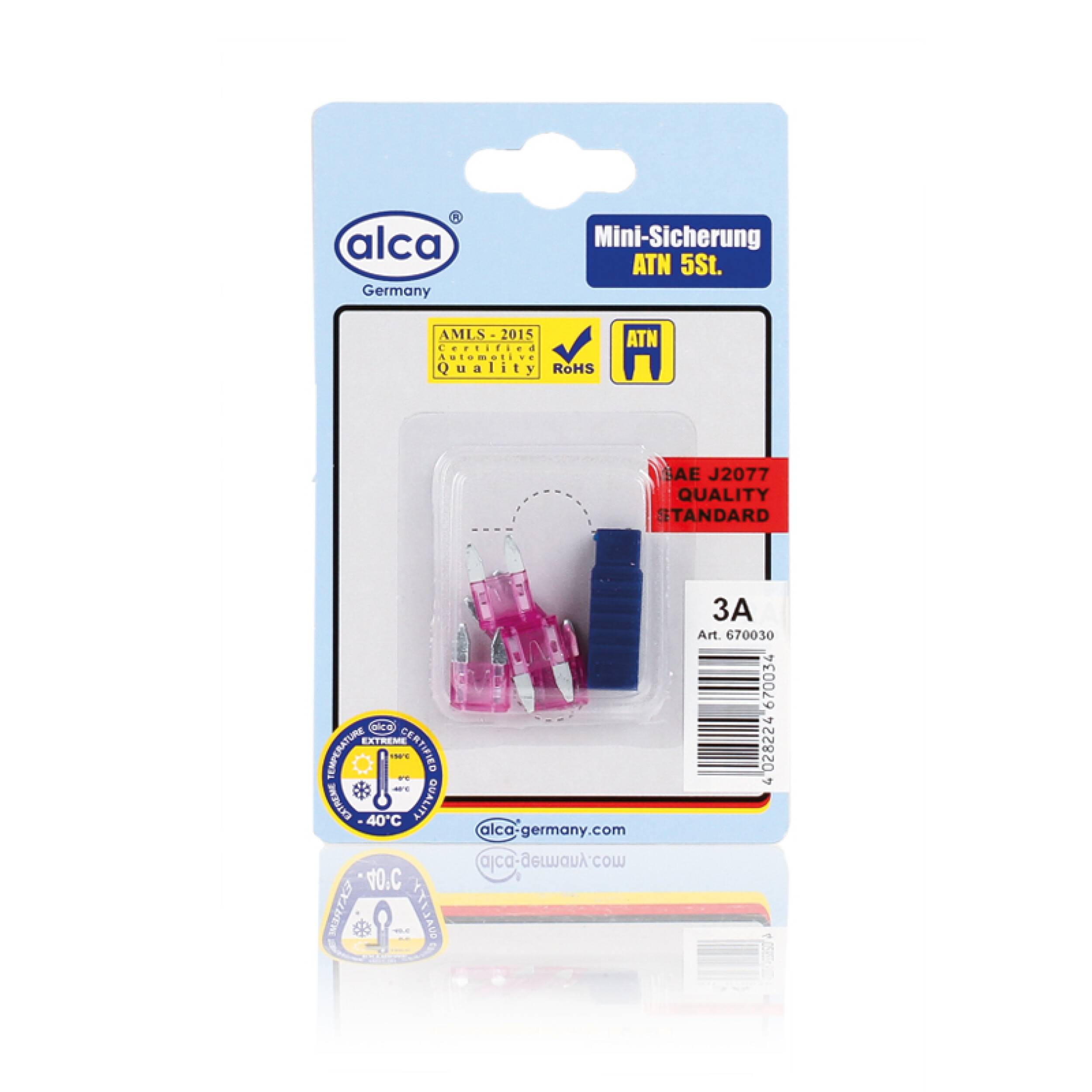 alca® Mini-Sicherungen 3 A 5St. Blister 32 V violett Mini Flachsicherung Stecksicherung für Fahrzeuge Auto Motorrad