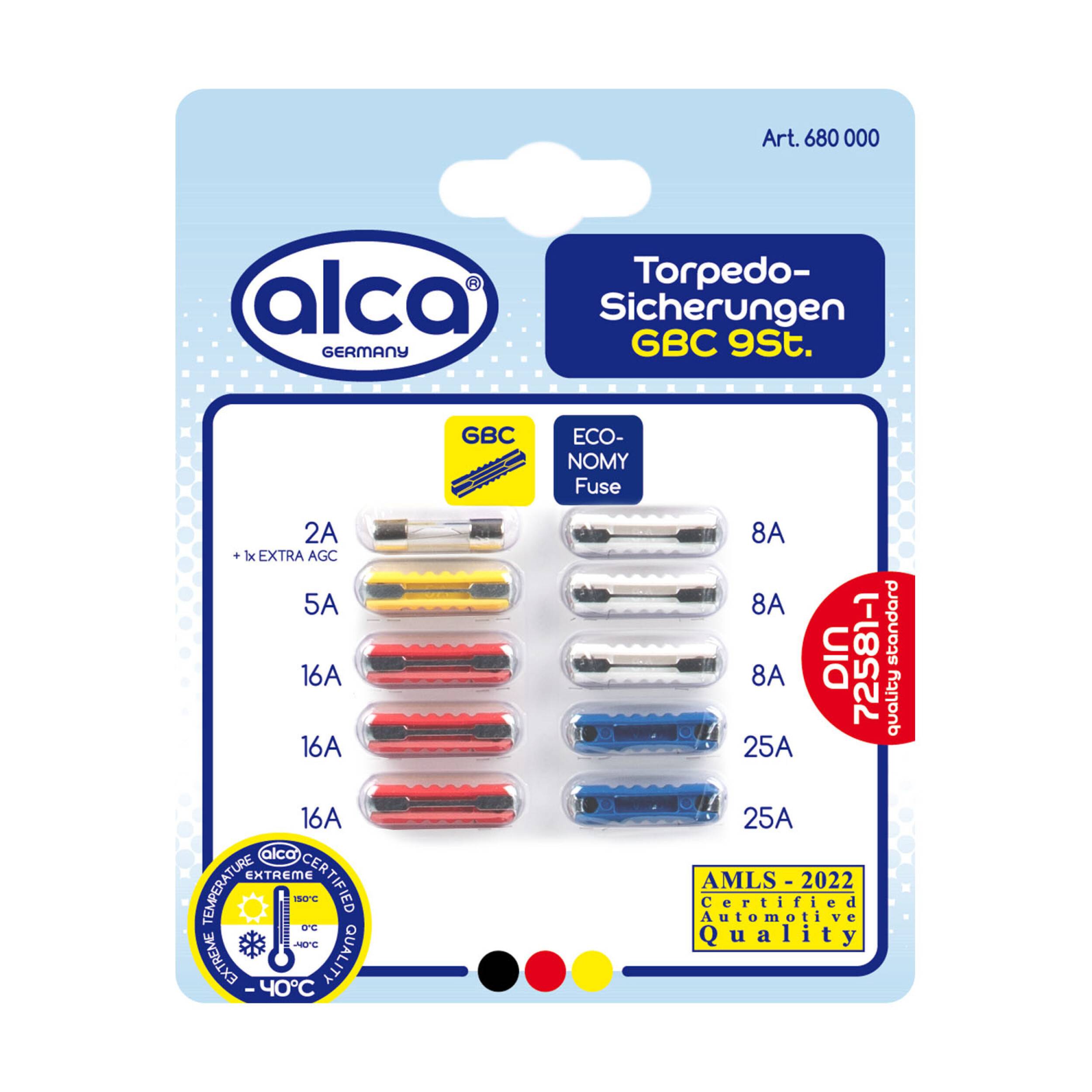 alca® Torpedo-Sicherungen 2A - 25A; 10St. Blister + 1 Feinsicherung Auto Abschmelzsicherungen Set Torpedosicherungen