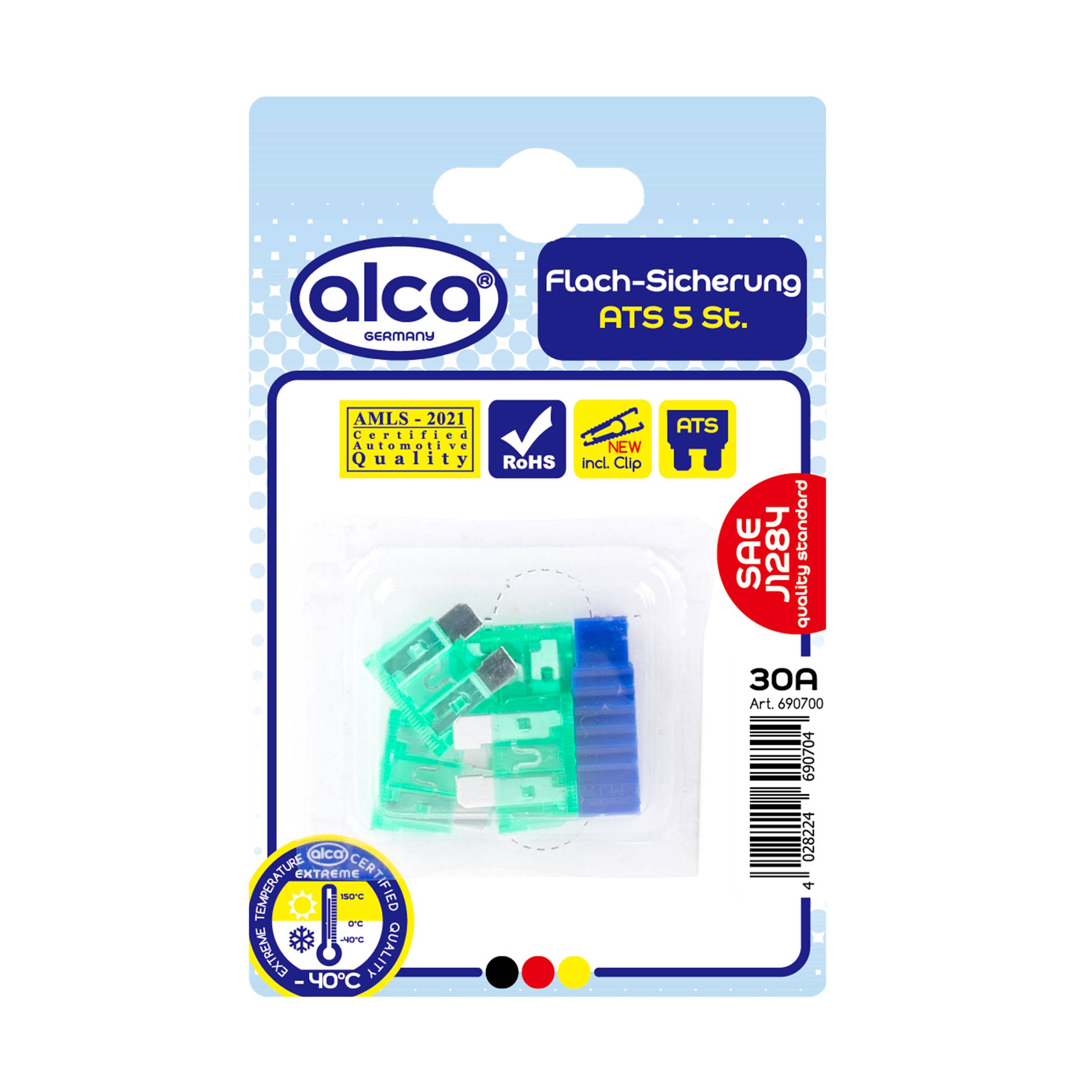 alca® Flach-Sicherungen 30A; 5St. Blister grüne Auto Flachsicherungen Schmelzsicherung für Caravan Traktor Bus Motorrad