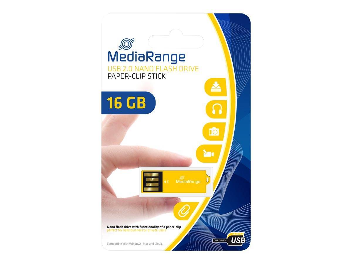 MediaRange USB Nanostick 16GB m. Klammerfunktion gelb Eingabe / Ausgabe USB-Stick