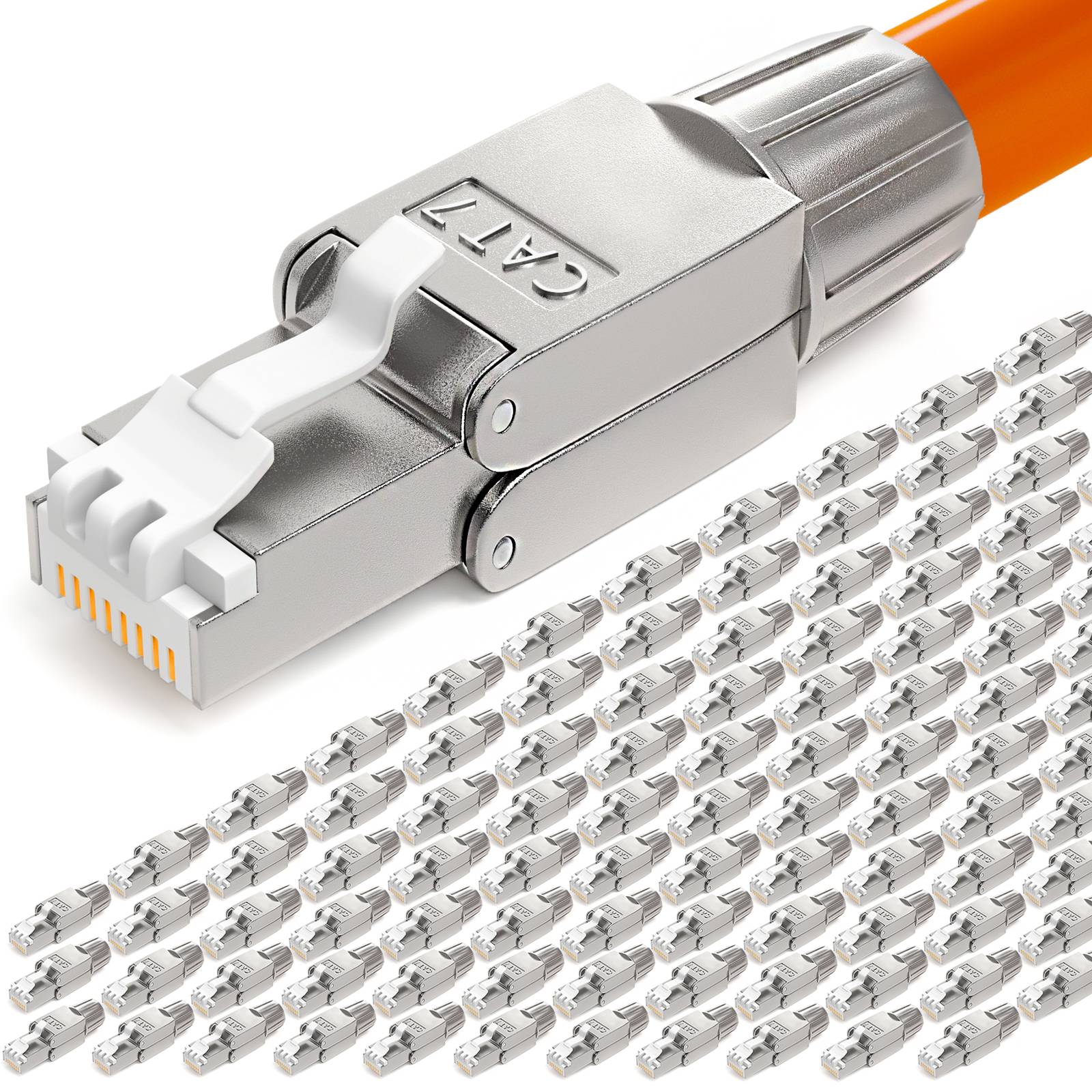 Ein oranges CAT7-Ethernet-Kabel mit metallischem Stecker wird gezeigt und betont seine Langlebigkeit und Hochgeschwindigkeits-Datenübertragungsfähigkeit.