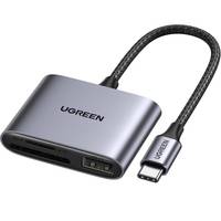 Ein USB-C zu Mehrfachanschluss-Adapter, mit SD-Karte, microSD und USB-Anschlüssen, mit der Marke 'UGREEN' und einem kurzen angeschlossenen Kabel.