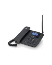 Schwarzes schnurloses Schreibtischtelefon mit Hörer, Tastenfeld, kleinem Display, Spiralkabel und hoher Antenne auf weißem Hintergrund.