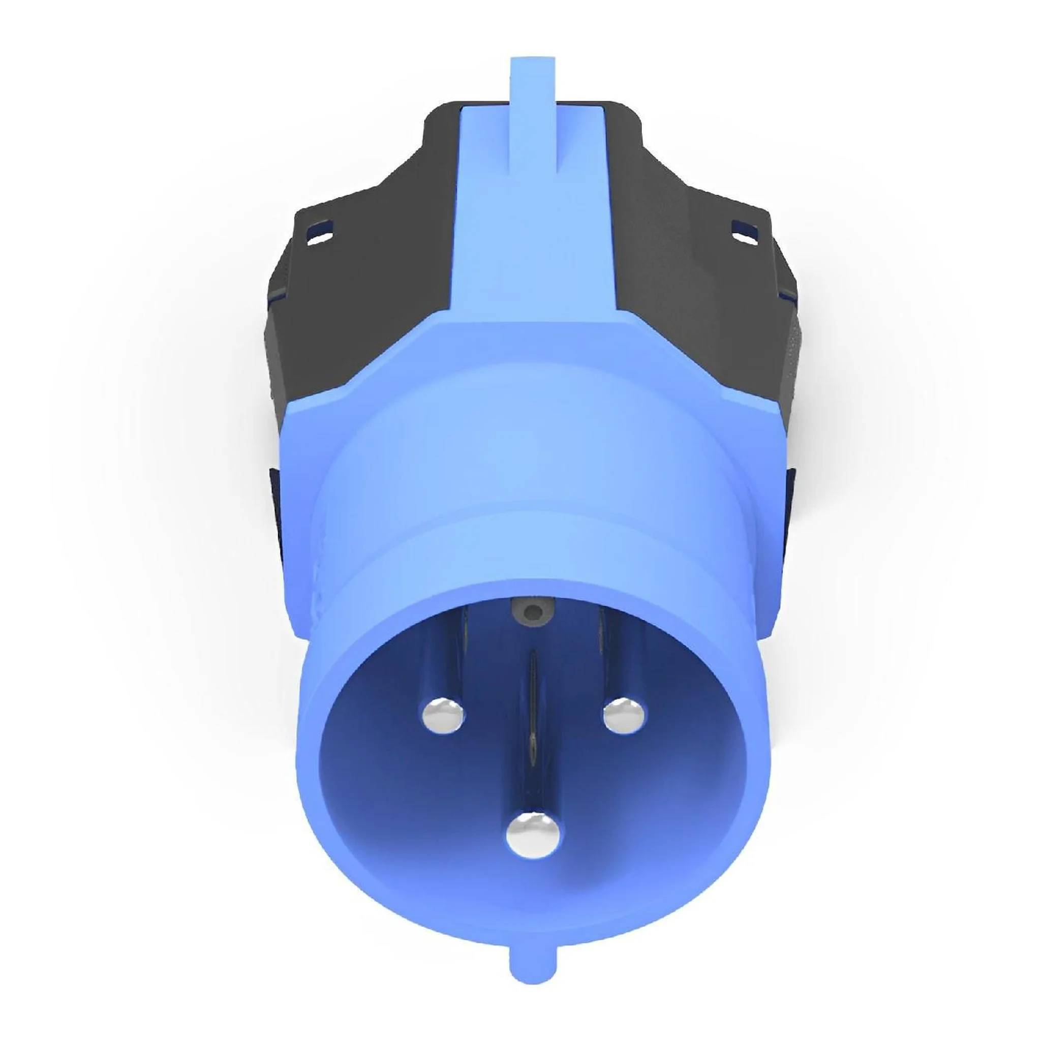 Blauer Industrie-Stromstecker mit drei runden Kontakten, Vorderansicht auf weißem Hintergrund.