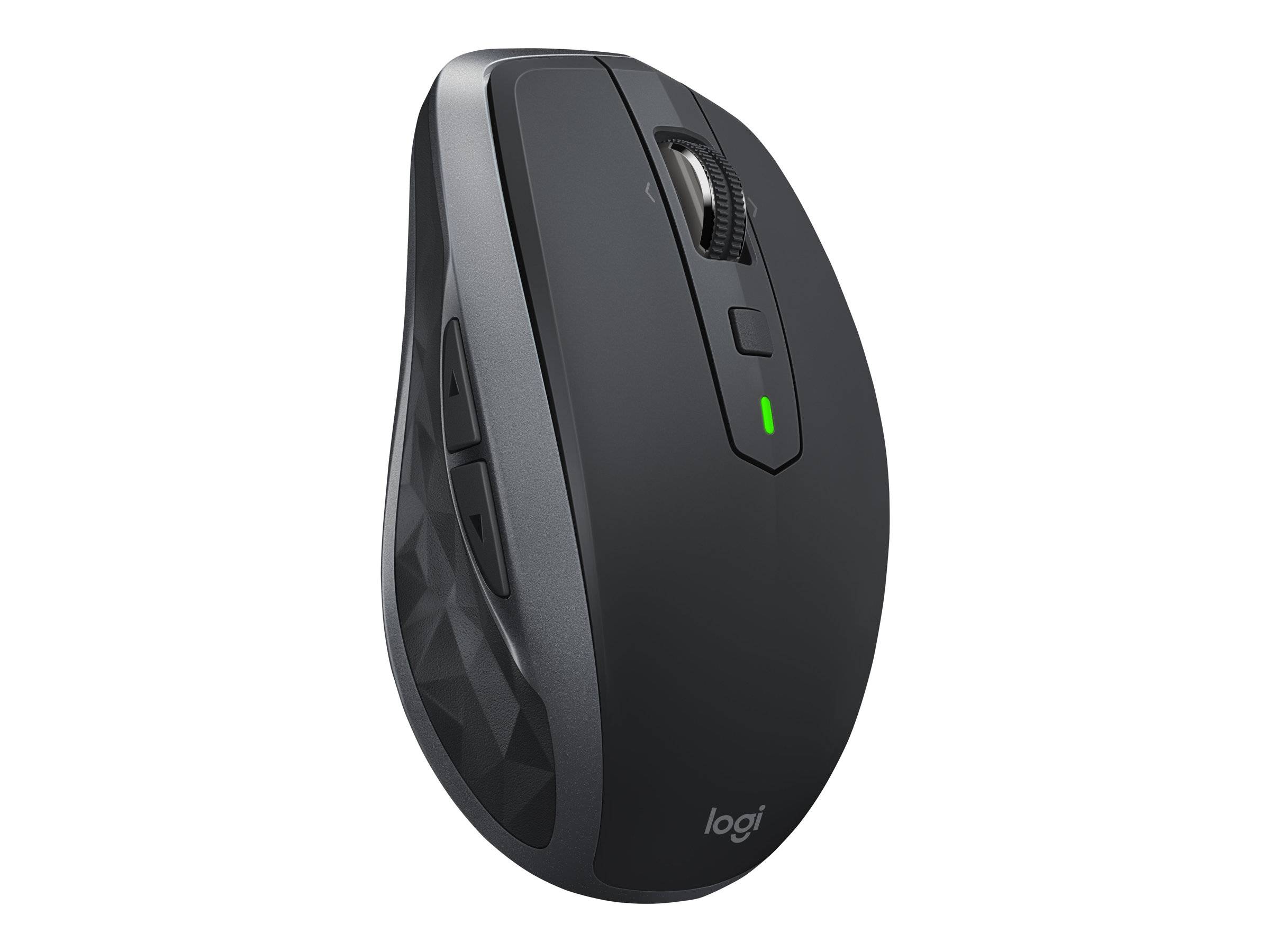 Schwarze kabellose Logitech-Computermaus mit Scrollrad, Seitentasten und grünem Batterieindikator.