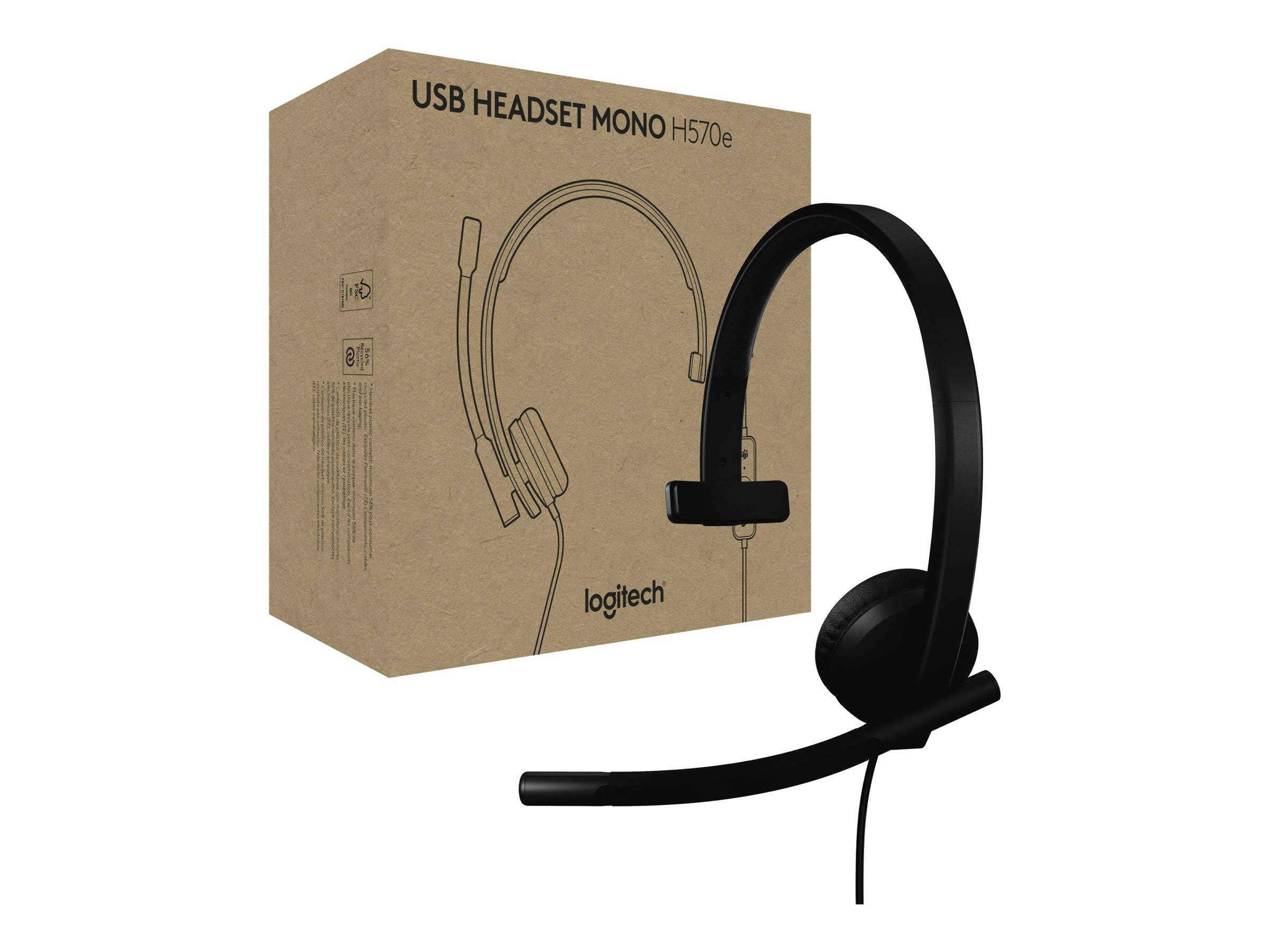 Mono-USB-Headset mit Mikrofon, daneben seine Verpackung mit der Aufschrift 