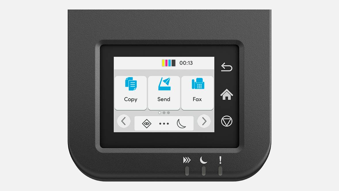 Touchscreen-Bedienfeld eines Multifunktionsdruckers mit den Optionen Kopieren, Senden und Fax sowie Navigationsschaltflächen.