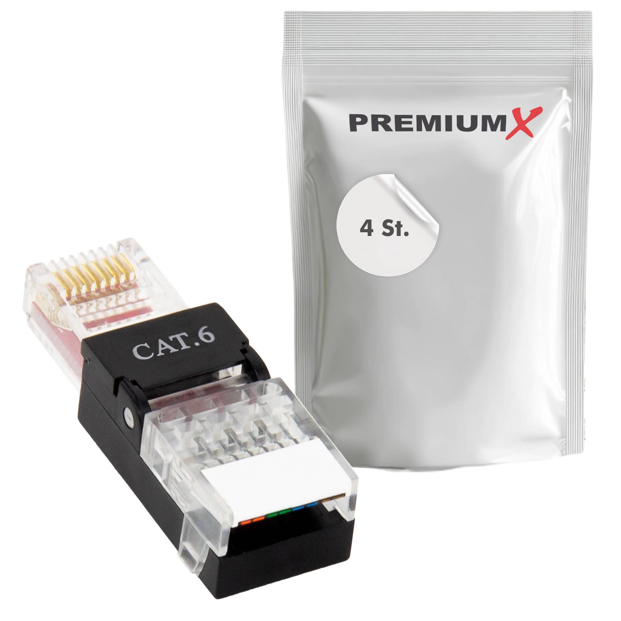 PremiumX 4x Netzwerkstecker ungeschirmt RJ45 CAT6 Adapter Kupplung für Verlegekabel AWG 24 bis 26 Innenleiter LAN Stecker werkzeuglos 1 Gbit/s