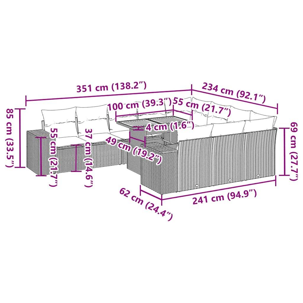 vidaXL 10-tlg. Garten-Sofagarnitur mit Kissen Schwarz Poly Rattan