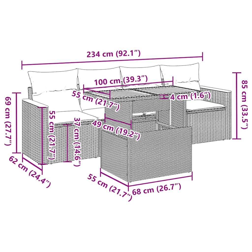 vidaXL 5-tlg. Garten-Sofagarnitur mit Kissen Beige Poly Rattan Akazie
