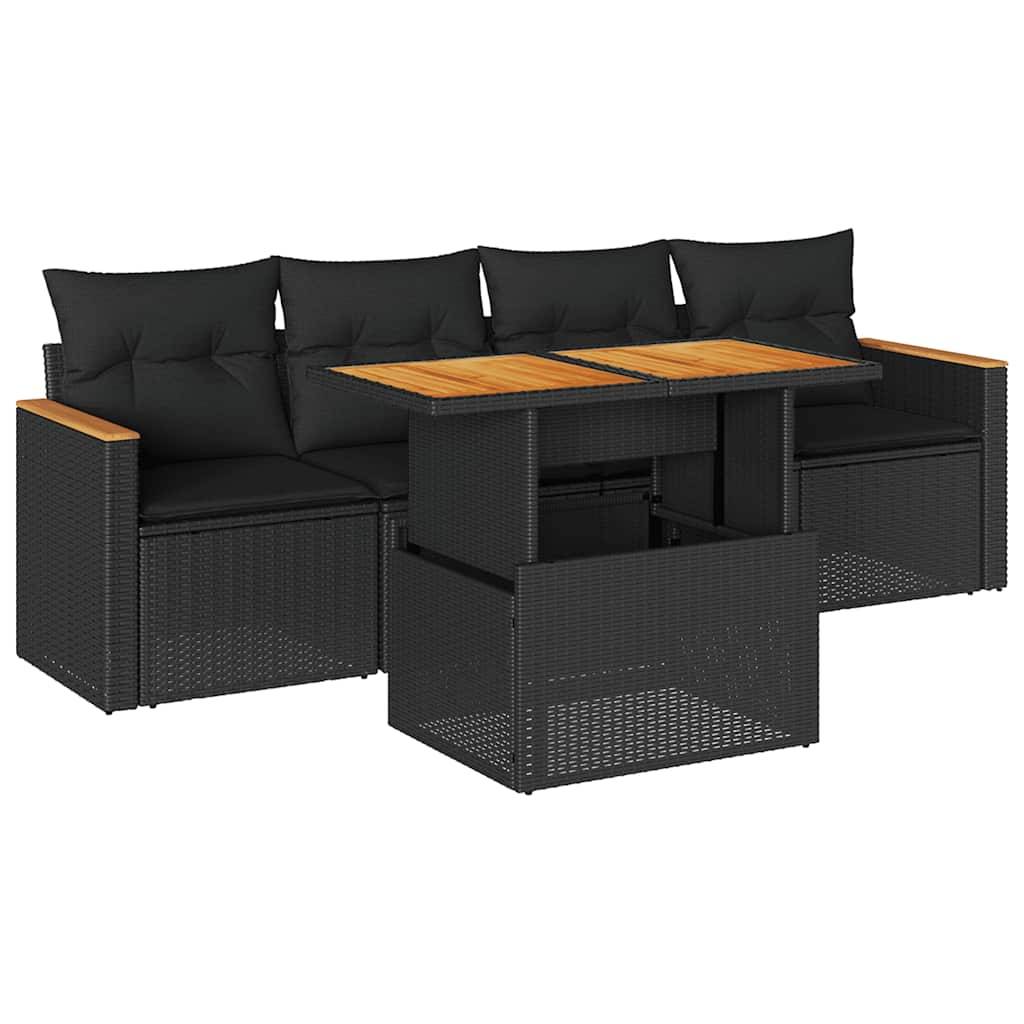 vidaXL 5tlg. Garten-Sofagarnitur mit Kissen Schwarz Poly Rattan Akazie
