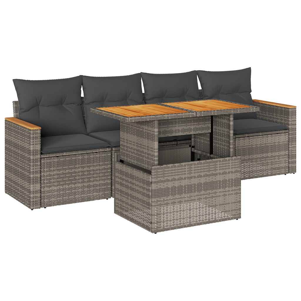 vidaXL 5-tlg. Garten-Sofagarnitur mit Kissen Grau Poly Rattan Akazie