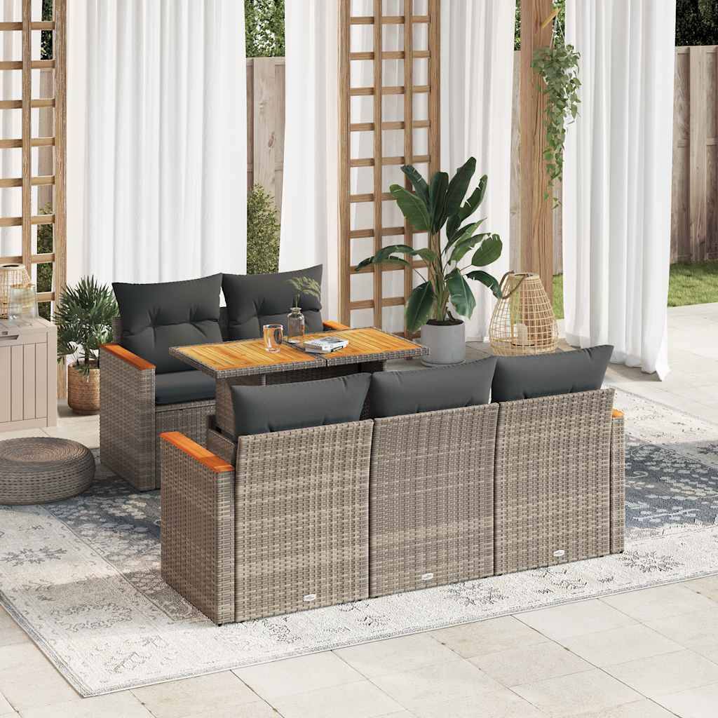 vidaXL 6-tlg. Garten-Sofagarnitur mit Kissen Grau Poly Rattan Akazie