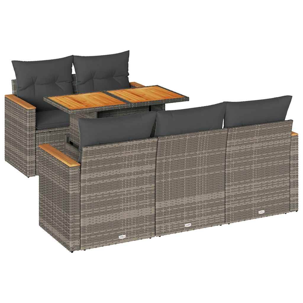 vidaXL 6-tlg. Garten-Sofagarnitur mit Kissen Grau Poly Rattan Akazie