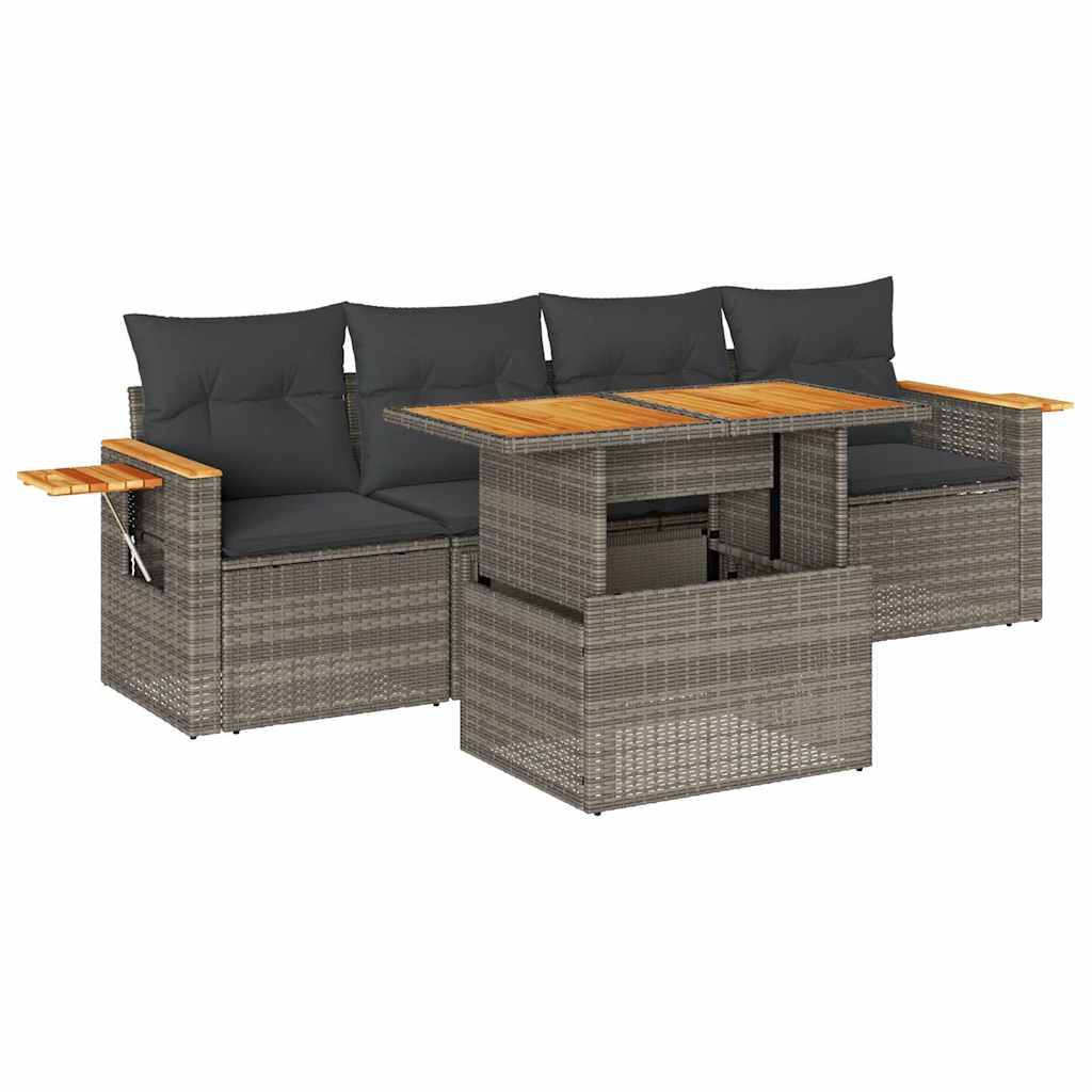 vidaXL 5-tlg. Garten-Sofagarnitur mit Kissen Grau Poly Rattan Akazie