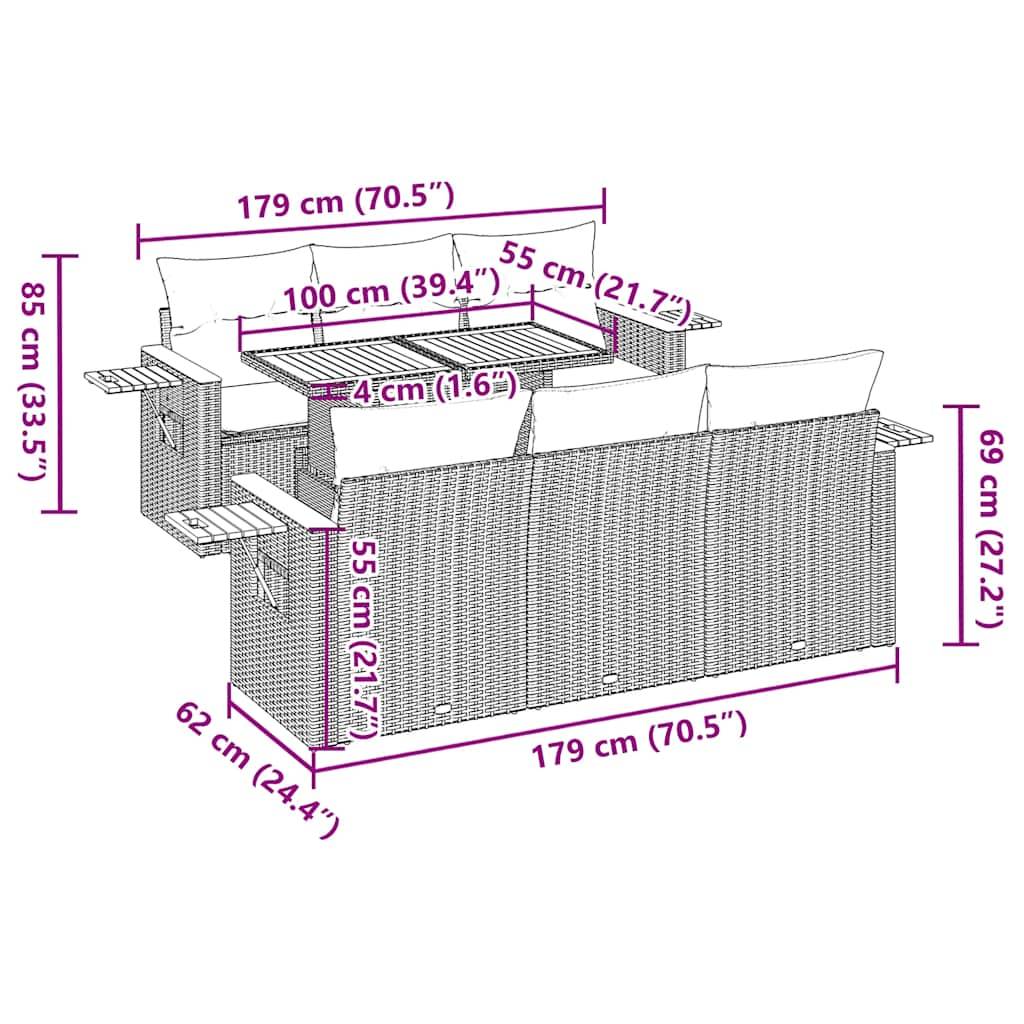 vidaXL 7-tlg. Garten-Sofagarnitur mit Kissen Beige Poly Rattan Akazie