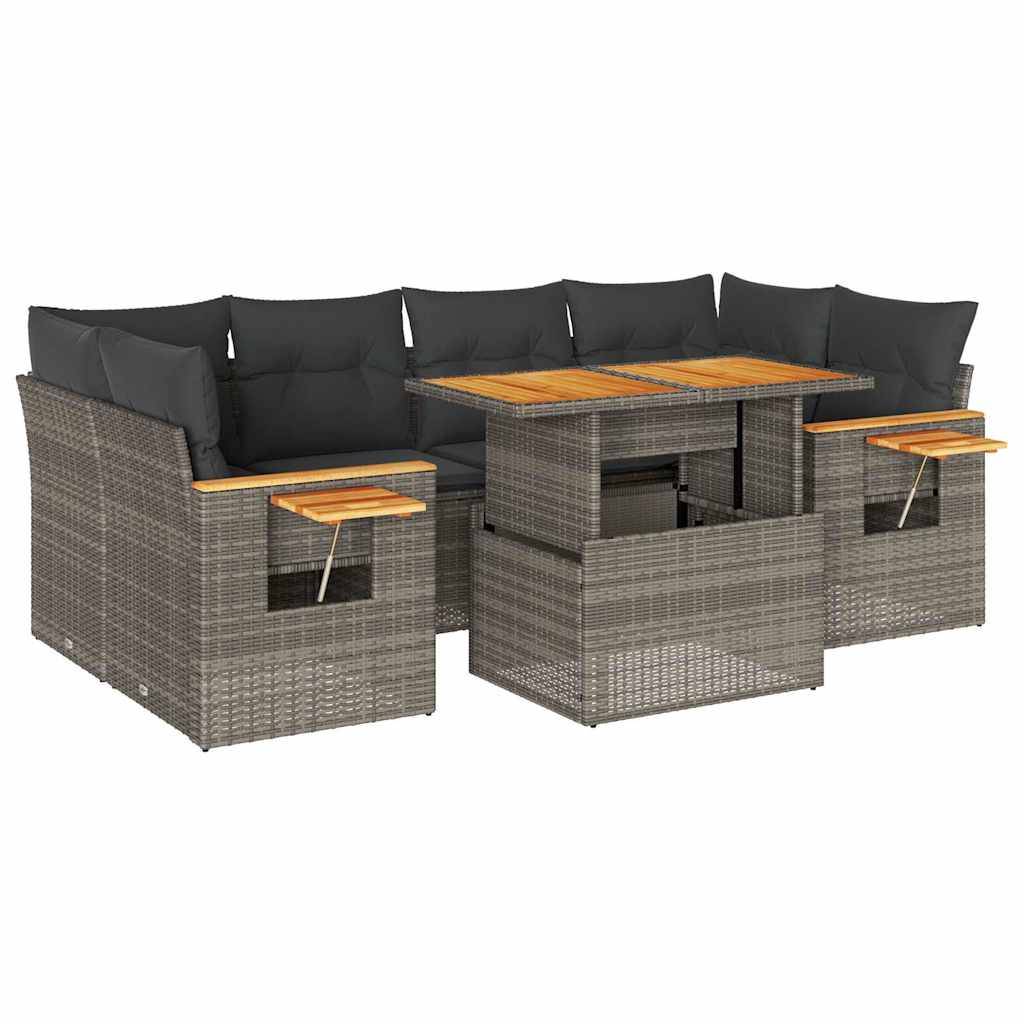 vidaXL 7-tlg. Garten-Sofagarnitur mit Kissen Grau Poly Rattan Akazie