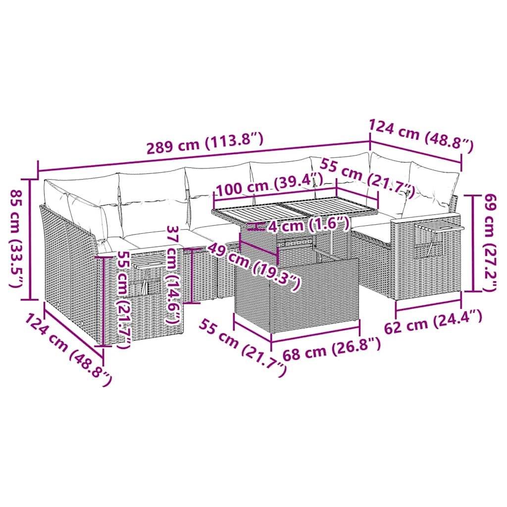vidaXL 8-tlg. Garten-Sofagarnitur mit Kissen Schwarz Poly Rattan
