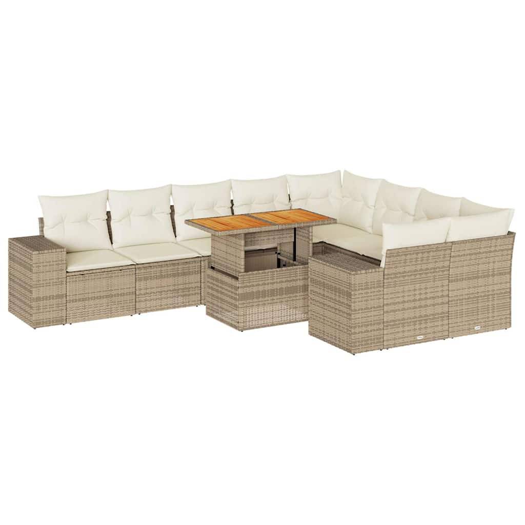 vidaXL 10-tlg. Garten-Sofagarnitur mit Kissen Beige Poly Rattan Akazie