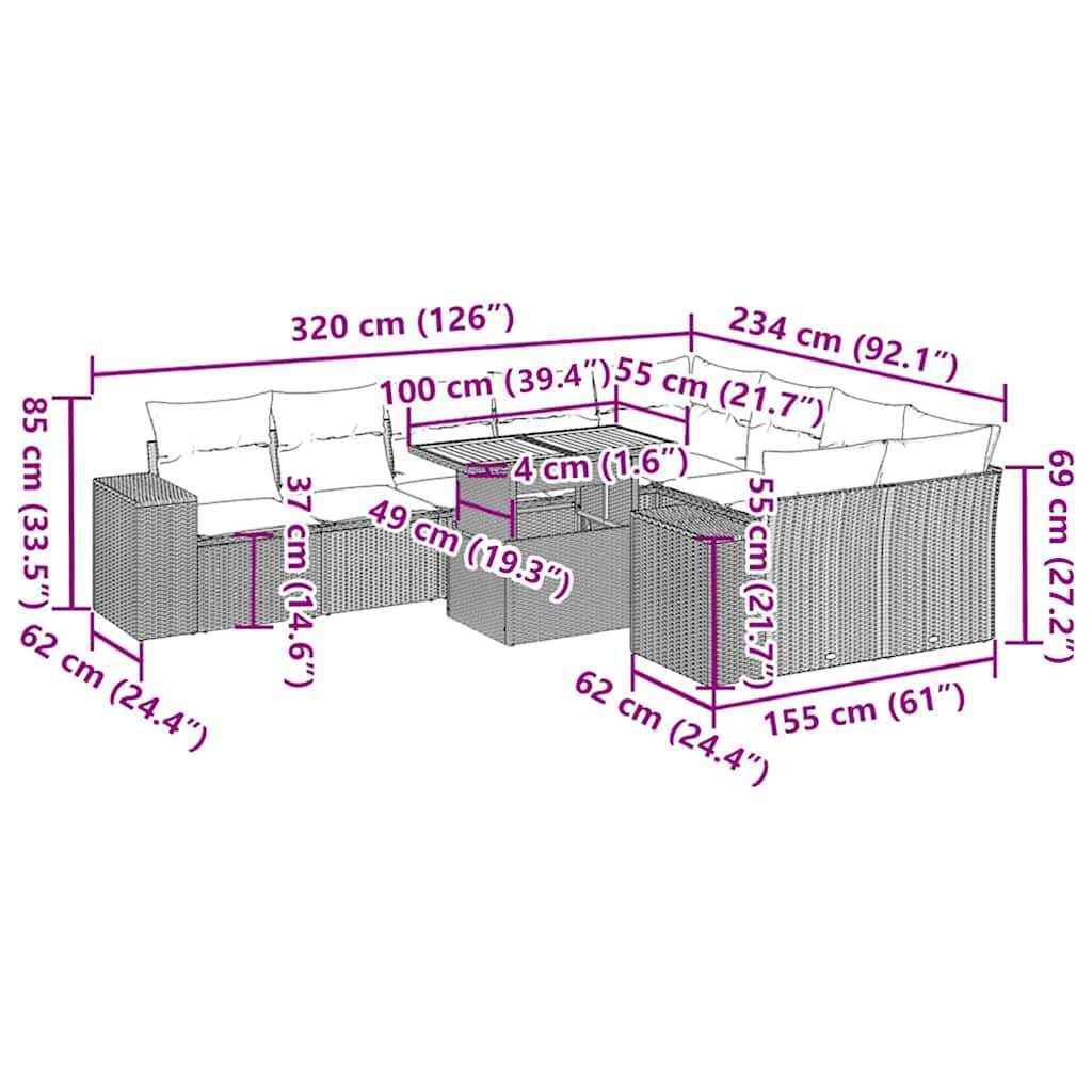 vidaXL 10-tlg. Garten-Sofagarnitur mit Kissen Beige Poly Rattan Akazie