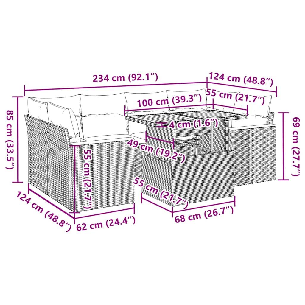 vidaXL 6-tlg. Garten-Sofagarnitur mit Kissen Schwarz Poly Rattan