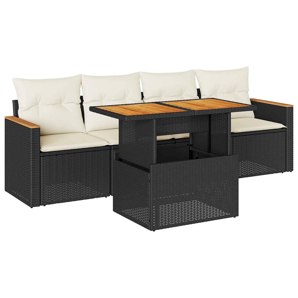 vidaXL 5tlg. Garten-Sofagarnitur mit Kissen Schwarz Poly Rattan Akazie