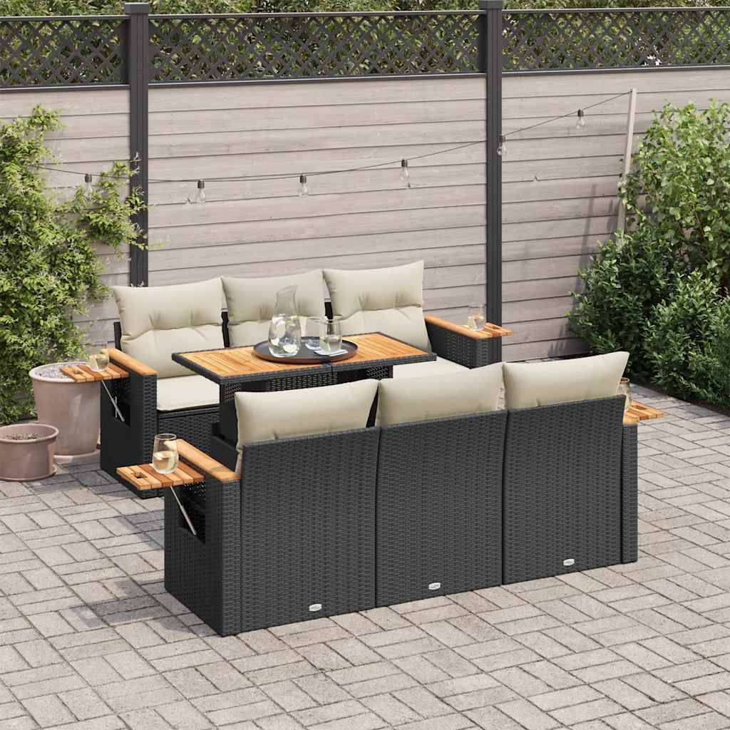 vidaXL 7-tlg. Garten-Sofagarnitur mit Kissen Schwarz Poly Rattan