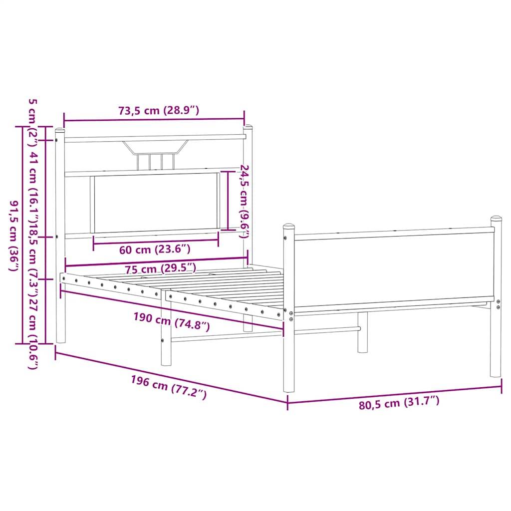 vidaXL Bettgestell ohne Matratze Sonoma-Eiche 75x190 cm Holzwerkstoff
