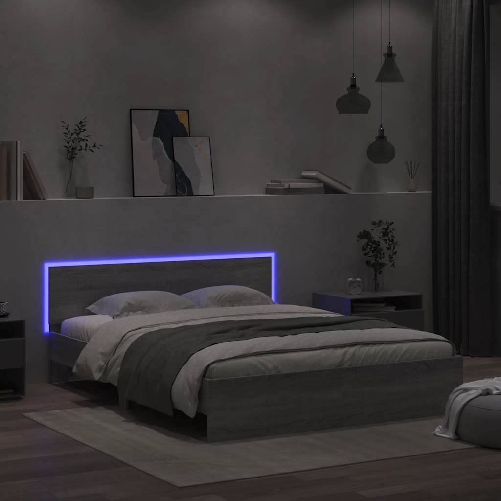 vidaXL Bettgestell mit Kopfteil LED-Beleuchtung Grau Sonoma 150x200 cm