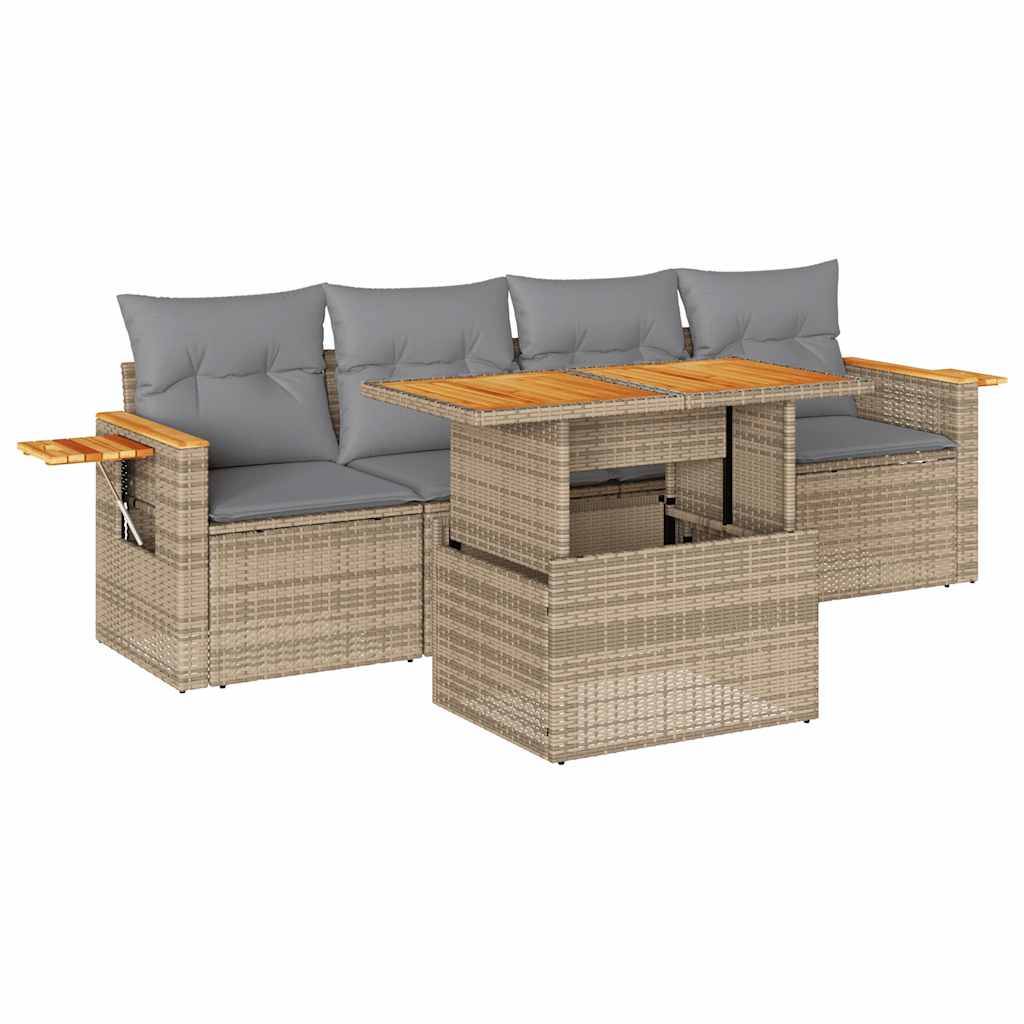 vidaXL 5-tlg. Garten-Sofagarnitur mit Kissen Beige Poly Rattan Akazie
