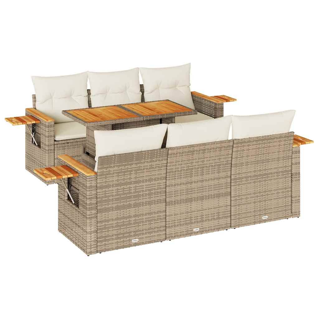 vidaXL 7-tlg. Garten-Sofagarnitur mit Kissen Beige Poly Rattan Akazie
