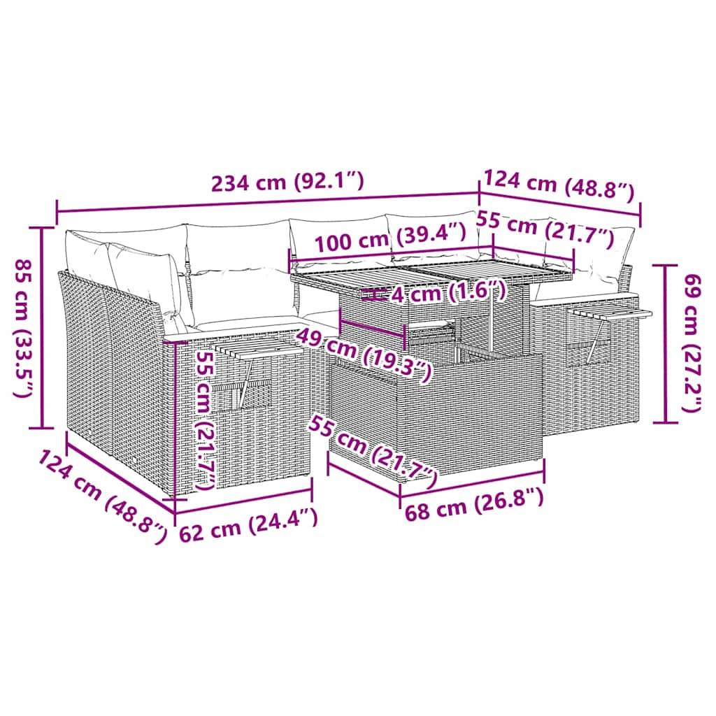 vidaXL 7-tlg. Garten-Sofagarnitur mit Kissen Grau Poly Rattan Akazie
