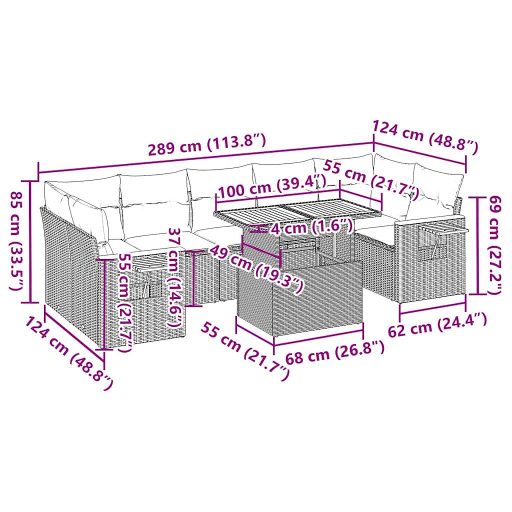 vidaXL 8-tlg. Garten-Sofagarnitur mit Kissen Schwarz Poly Rattan
