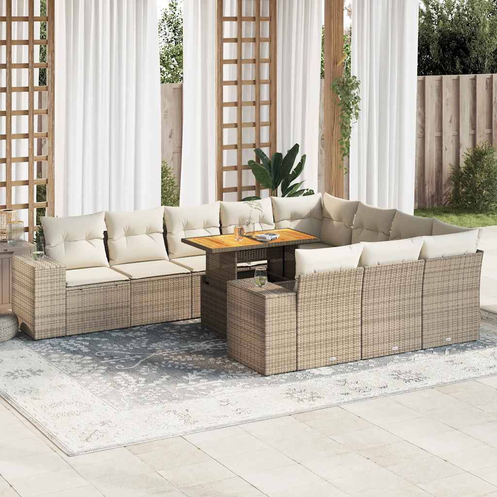 vidaXL 10-tlg. Garten-Sofagarnitur mit Kissen Beige Poly Rattan Akazie