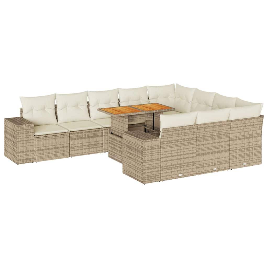 vidaXL 10-tlg. Garten-Sofagarnitur mit Kissen Beige Poly Rattan Akazie