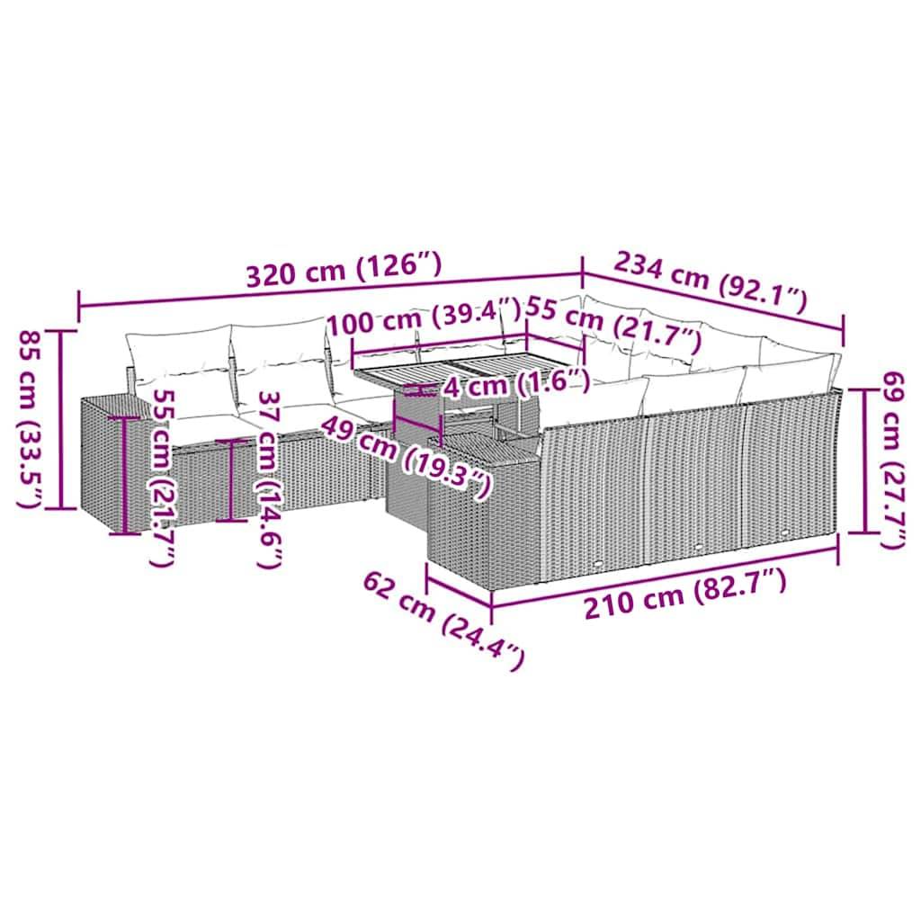 vidaXL 10-tlg. Garten-Sofagarnitur mit Kissen Beige Poly Rattan Akazie