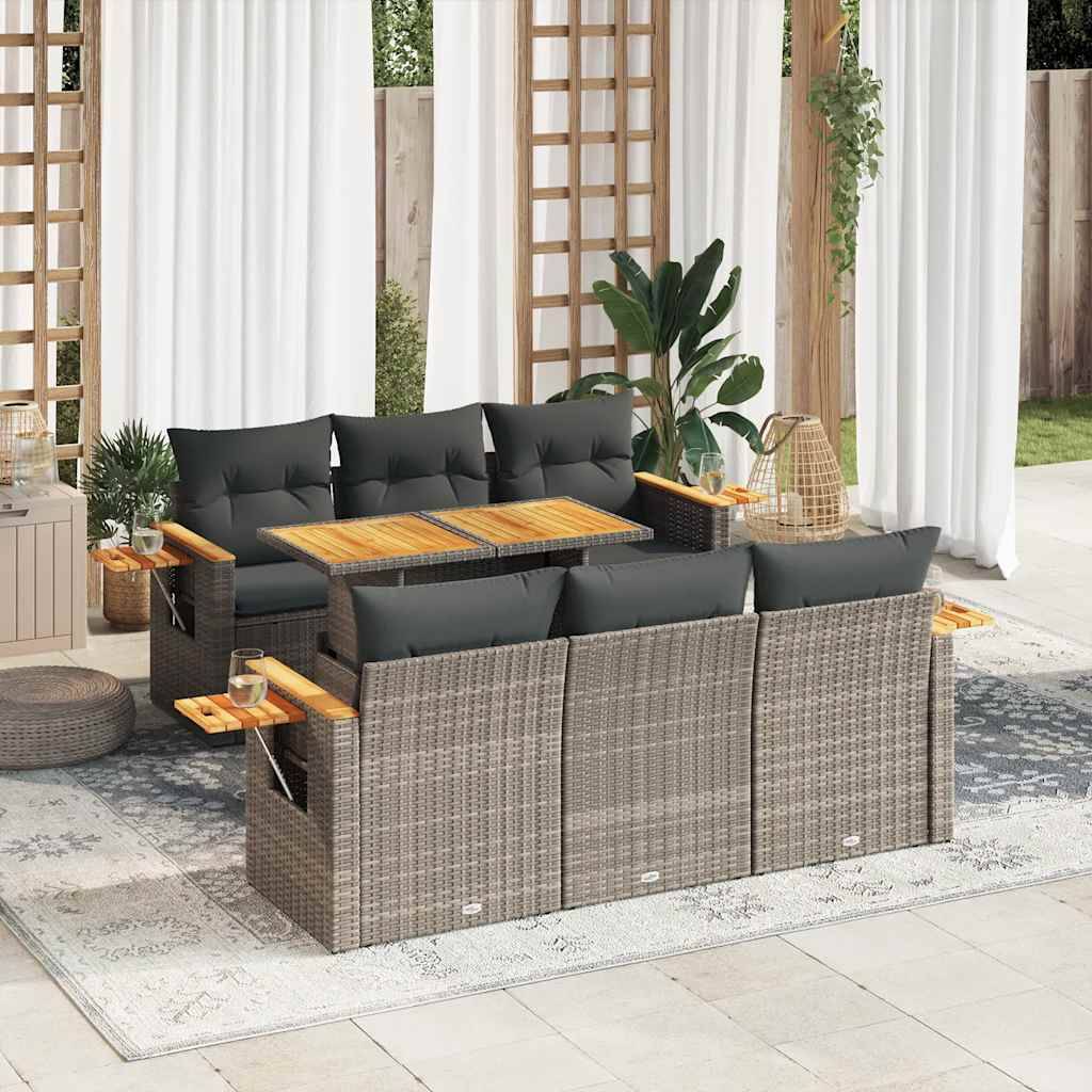 vidaXL 7-tlg. Garten-Sofagarnitur mit Kissen Grau Poly Rattan Akazie