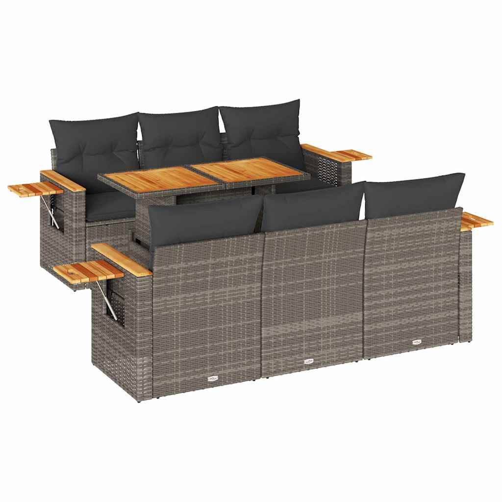vidaXL 7-tlg. Garten-Sofagarnitur mit Kissen Grau Poly Rattan Akazie