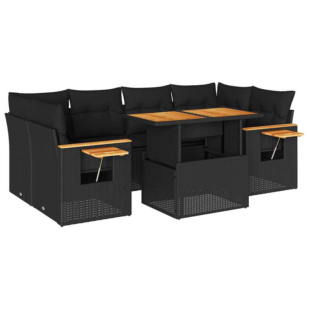 vidaXL 7-tlg. Garten-Sofagarnitur mit Kissen Schwarz Poly Rattan