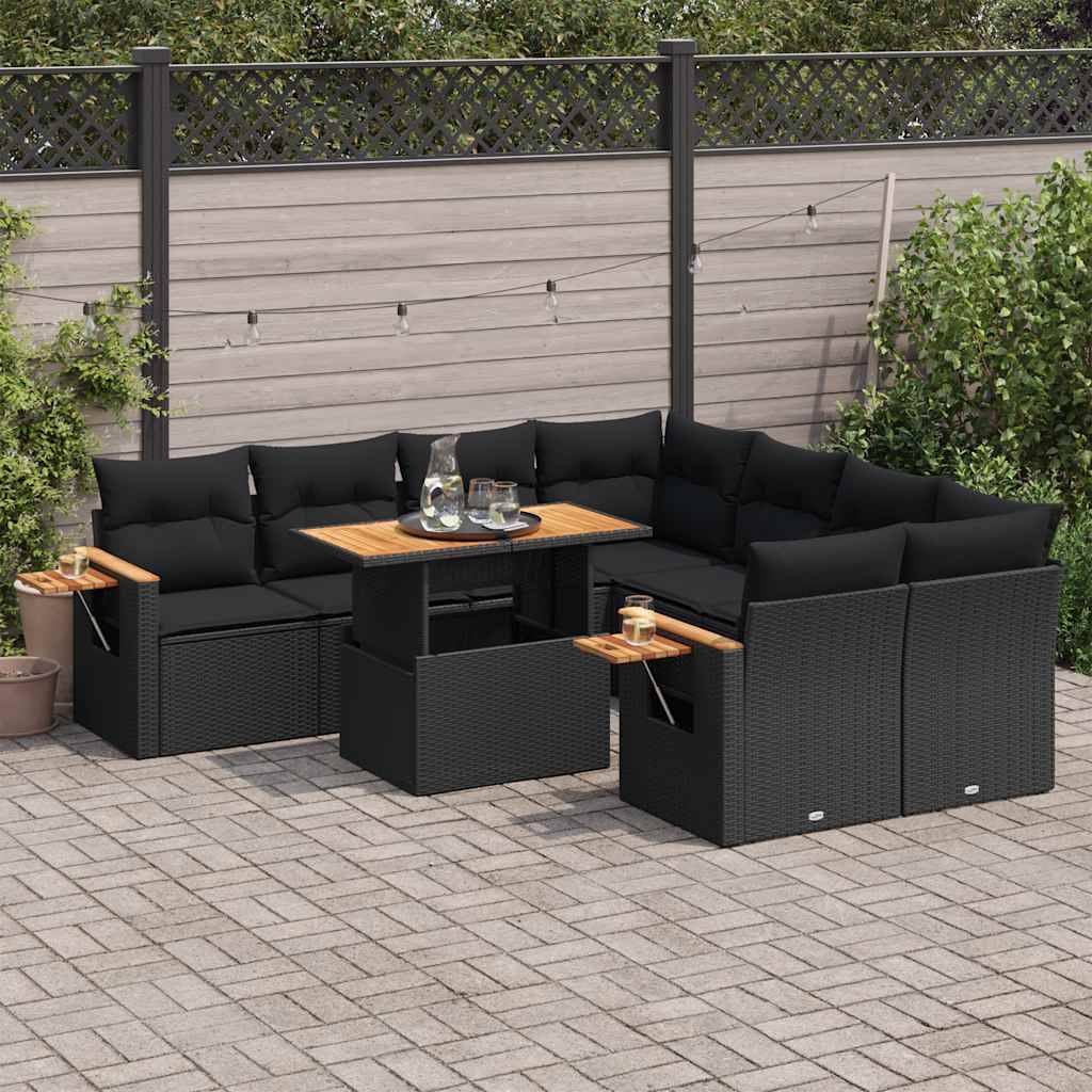 vidaXL 9-tlg. Garten-Sofagarnitur mit Kissen Schwarz Poly Rattan