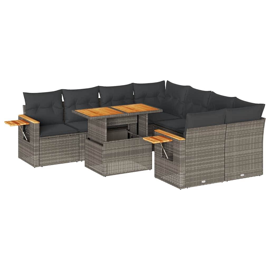 vidaXL 9-tlg. Garten-Sofagarnitur mit Kissen Grau Poly Rattan Akazie