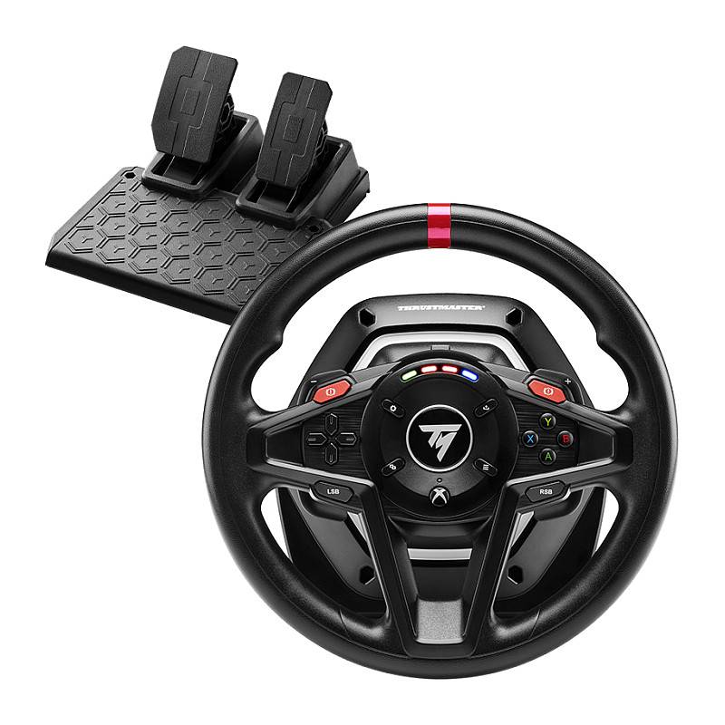 Ein schwarzes Gaming-Lenkrad- und Pedalset für Rennsimulatoren mit einem roten Streifen auf dem Lenkrad und mehreren Tasten.