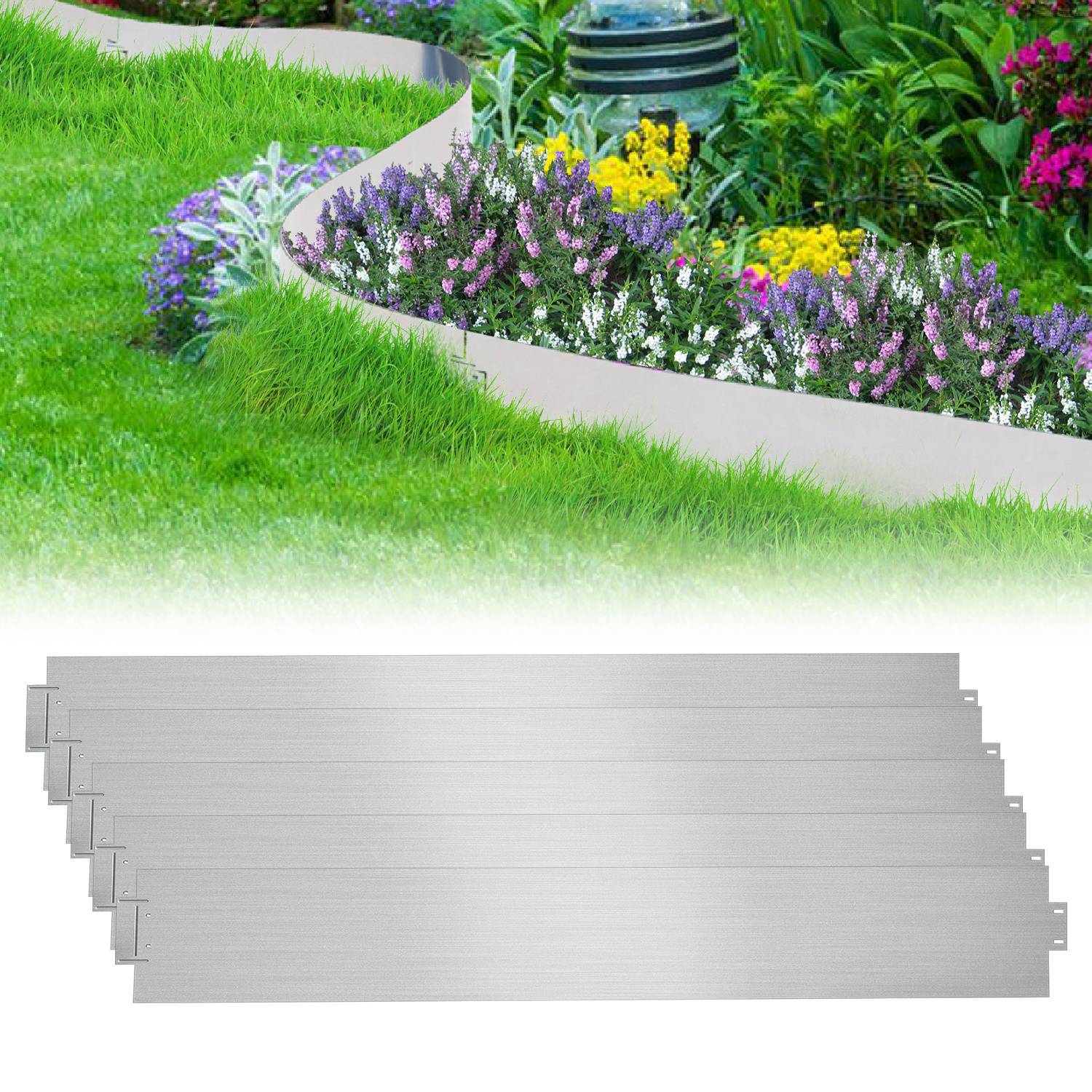 Gestapelte gebürstete Metalllandschaftseinfassungspaneele mit gekerbten Enden, dargestellt unter einer gekrümmten Gartengrenze mit Blumen und Gras.